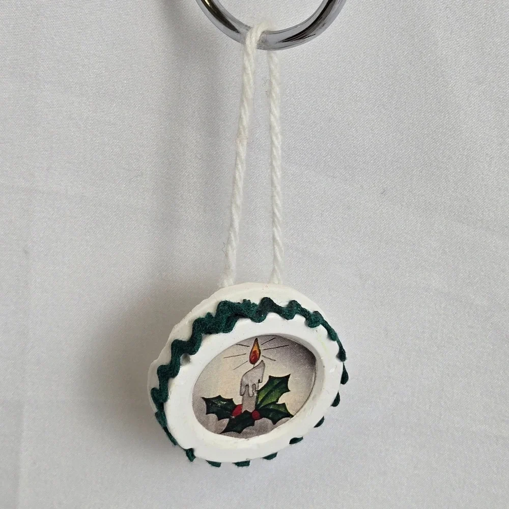 Handmade Candle & Holly Christmas Ornament White Green‎ 1.75